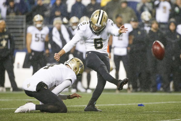 New Orleans Saints kicker Brian Johnson (6) kicks a field goal against the Seattle Seahawks. Mandatory Credit: Joe Nicholson-USA TODAY
